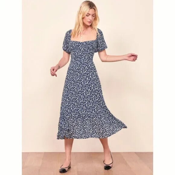 Reformation Hannah Floral Midi Dress In Navy Blue & White Size 4 EUC - Picture 2 of 13